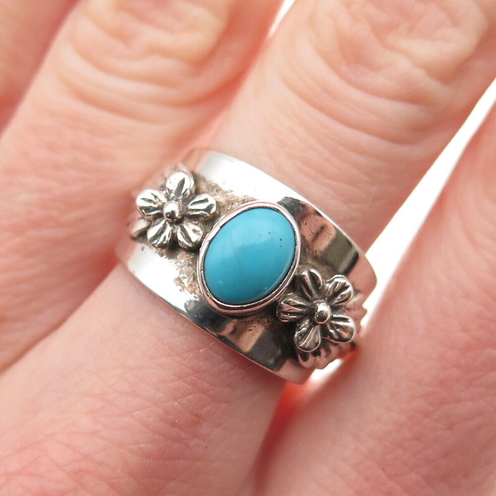 Carol Felley Sterling Silver Vintage 1985 Real Turquoise Floral Ring Size 7.25